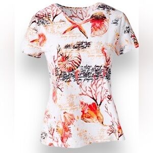 084. Chico’s Large Captiva Summer Zing Top Coral Reef Soft SS Beachy Boho Tee